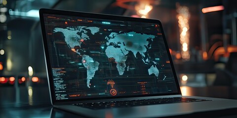 Digital World Map Visualization on Laptop Display in High-Tech Environment