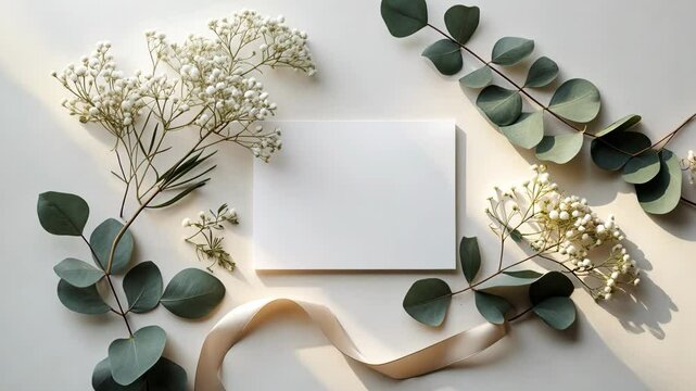 Styled stock footage. Feminine wedding stationery display for a desktop showcasing a blank greeting card, baby's breath flowers, dried green leaves, satin ribbon, and a white background. Empty space.