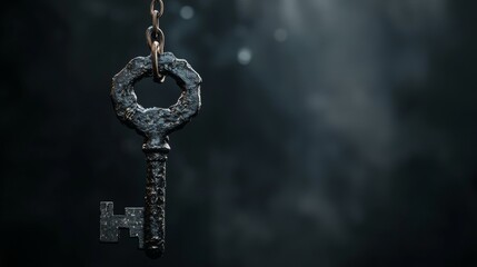An antique key pendant suspended against a dark, atmospheric background.