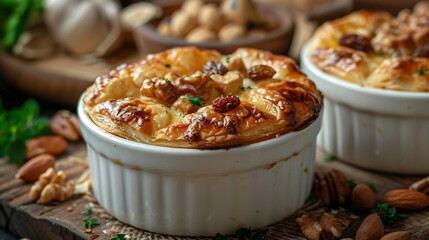 Egyptian om ali baked puff pastry pudding nuts and raisins served in a white ramekin