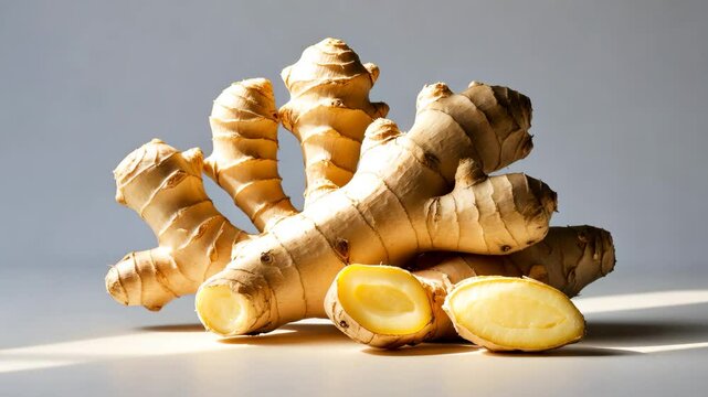 Fresh ginger displayed on a white background