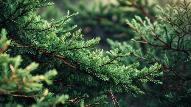 Spruce branches display vibrant green needles with a fine texture, arranged in layers. These evergreen branches symbolize strength and the enduring beauty of nature.