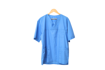 A blue doctor's coat on a hanger symbolizes medical professionals on World Doctor's Day, isolated on white, PNG
