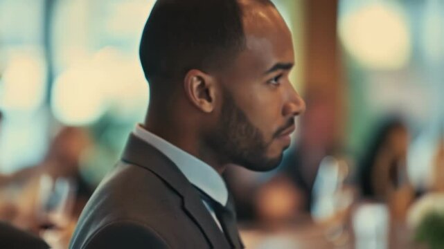 One delegate takes a deep breath hands clasped together contemplating their next words with a blurred round table in view that suggests the numerous ideas and strategies at play in