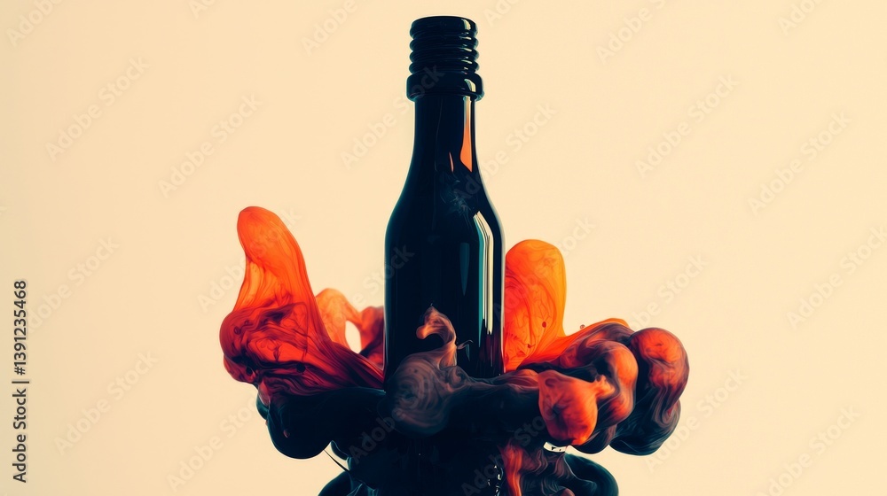 Poster artistic representation of a bottle with colorful ink swirling around it.