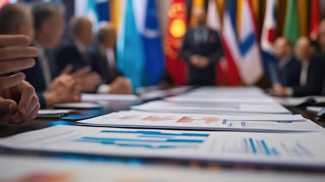 Politicians and diplomats are having a meeting in a conference room, discussing charts and graphs with various data, during an important international summit with various flags in the background