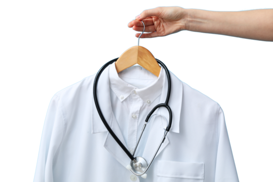A hand hangs a doctor's coat and stethoscope to honor medical professionals on Doctor's Day, isolated on white, PNG
