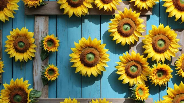 Summer banner showcasing sunflowers on a wooden background, yellow flowers on planks, plenty of space, design mock-up, top-down view, emphasis on sunflowers.