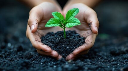 Hands holding young plant sprout growth concept