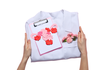 Hands hold a floral doctor's coat in a creative tribute for World Doctor's Day, isolated on white, PNG