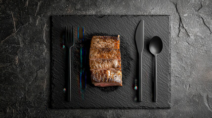 Elegant presentation of grilled meat on slate plate with stylish cutlery, showcasing culinary artistry and sophistication