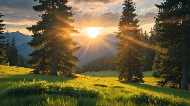 Sunlight rays burst through trees in the mountain forest landscape perspective.