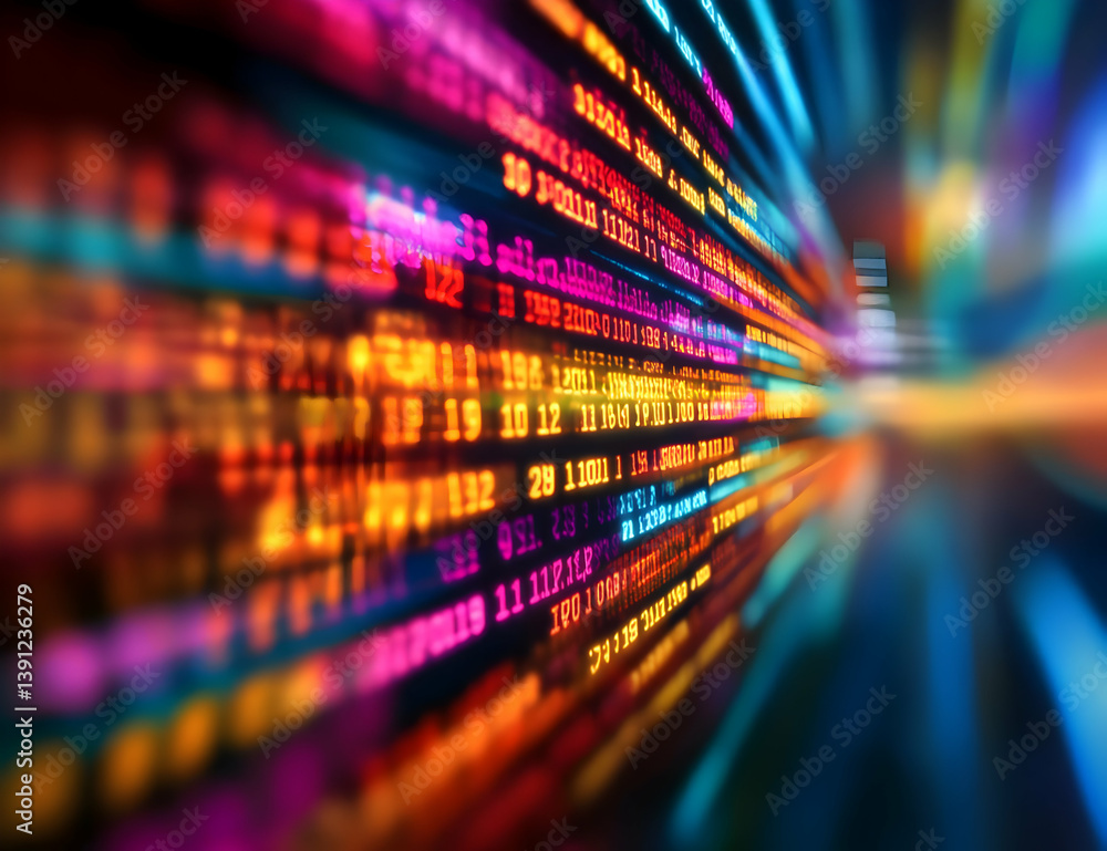 Poster a vibrant, abstract display of light and color representing digital data flowing through a network, 