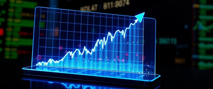 Virtual hologram stock graph displays upward trend, showing business growth, economy, monitor