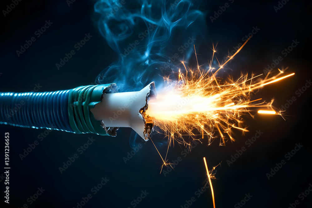 Poster a close-up view of a spark emitting from a hose, creating an electrifying display of light against a
