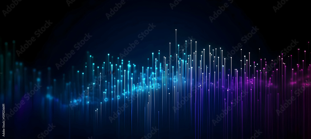 Poster abstract digital wave of colorful light particles on a dark background, creating a sense of dynamic 