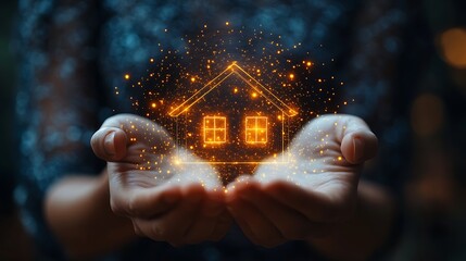 Caring hands holding a glowing house outline with window details, representing safety, future residence, and building dreams.