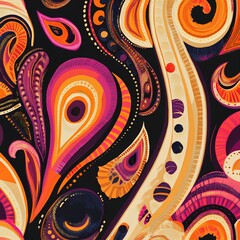 A vibrant 1970s-inspired paisley fabric pattern.