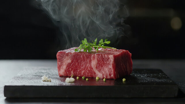 Fresh Wagyu beef steak with herbs, steaming on black stone plate, showcasing its rich marbling and texture