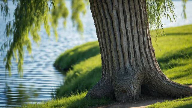 Willow tree trunk beside shimmering water and a path. Clear parallel lines.