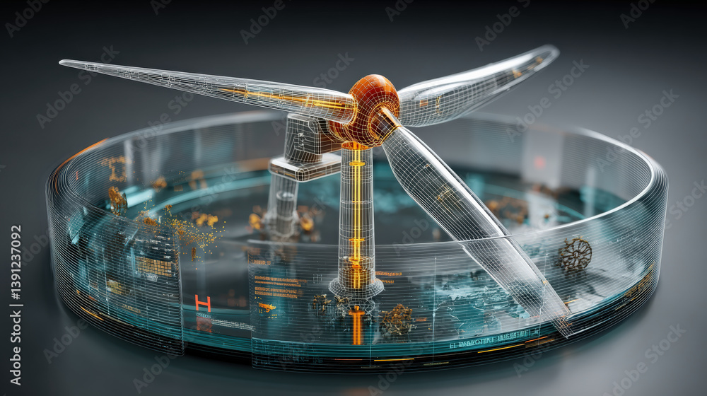 Poster 3D render of transparent wind turbine integrated with digital elements, showcasing futuristic technology and innovation in renewable energy. turbine is set within circular base