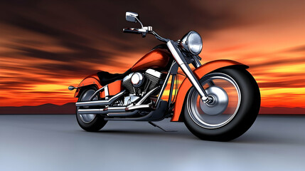 Naklejka premium A Shiny Orange Motorcycle is Parked Against A Sunset Sky