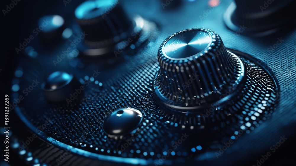 Poster close-up of a high-tech control panel with illuminated knobs and dials.