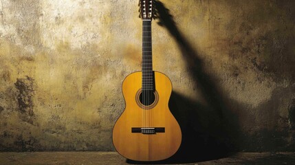 Obraz premium Classical Guitar Standing Against a Textured Wall Casting Dramatic Shadow