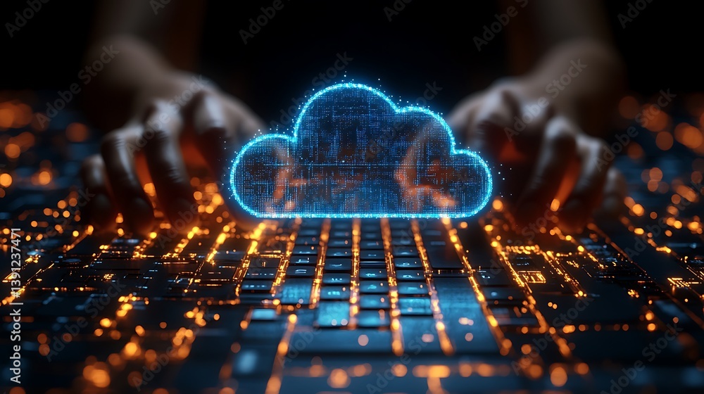 Poster cloud computing concept: glowing digital cloud on keyboard, data management, cybersecurity, and tech