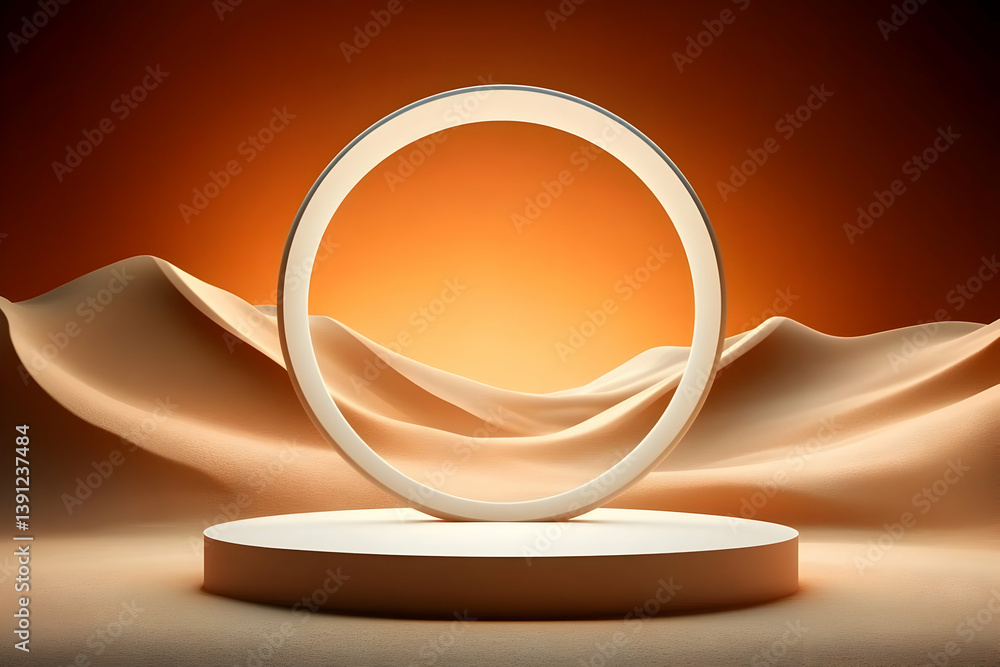 Poster a minimalistic 3d composition featuring a circular frame amidst smooth sand dunes, illuminated by a 