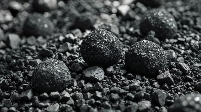 Close-up of spherical aggregates of crushed ore concentrate. Intermediate iron metallurgical production item. Concentrated ore material preceding pelletizing and roasting.