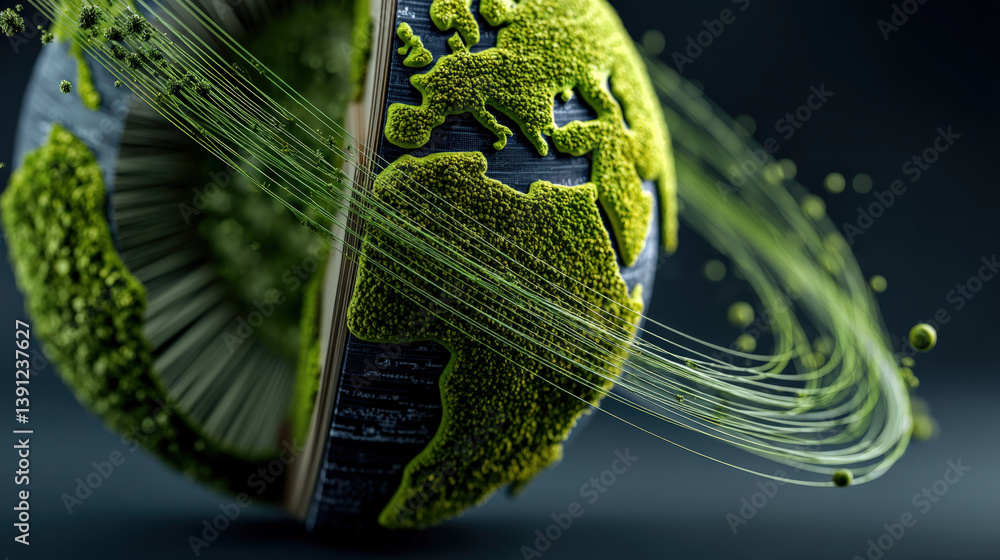 Poster conceptual image of Earth with green moss like texture and swirling lines symbolizes global connectivity and environmental awareness. artistic representation evokes sense of harmony and innovation
