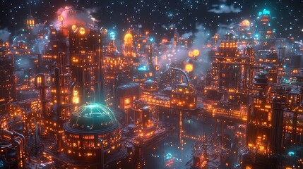 Fototapeta premium A glowing industrial zone where magical creatures power the machinery