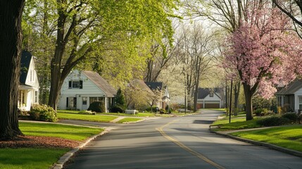 Quiet residential street in springtime with flowering trees in bloom