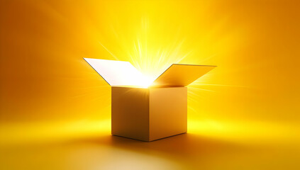 A glowing box emits radiant light, symbolizing discovery and new opportunities in a vibrant yellow backdrop.