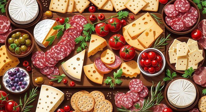 A beautifully arranged charcuterie board with different types of meats cheeses and crackers anime cartoon style illustration artwork design background