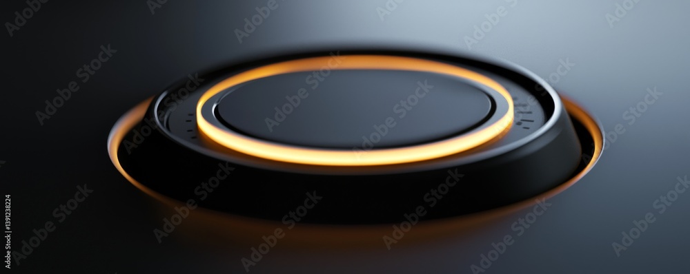 Aufkleber close-up of a modern button with a glowing edge in a sleek design setting.