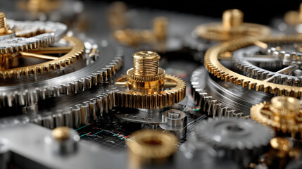 close up view of intricate golden and silver gears interlocking, showcasing complexity and precision of mechanical engineering. metallic components reflect light, highlighting their detailed