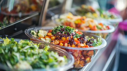 Fresh salads displayed in clear bowls, showcasing vibrant colors and textures, perfect for healthy meal option