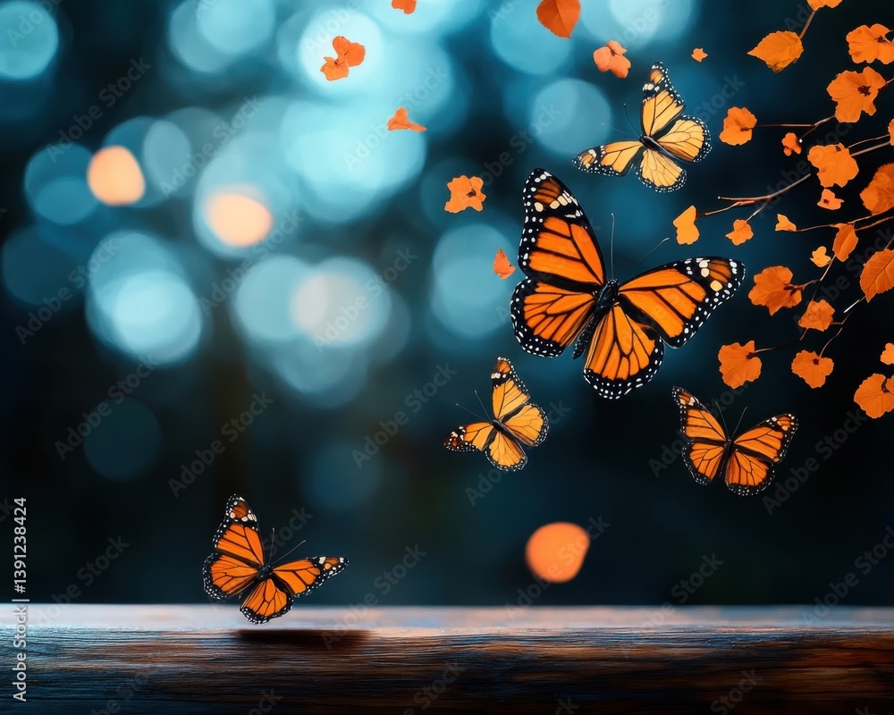 Poster enchanting monarch butterflies flutter amidst a bokeh of orange leaves and teal sp fairy lights crea
