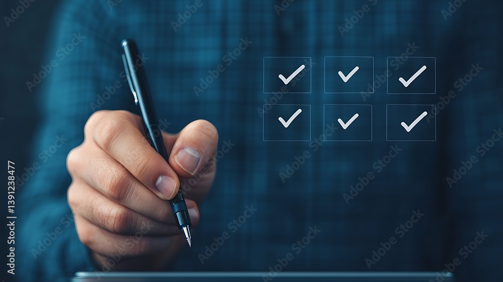 Poster completing digital checklist: hand with pen marking checkmarks on virtual boxes, task management and