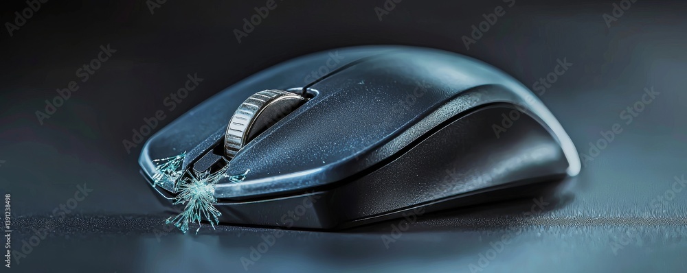 Poster close-up of a modern computer mouse with detailed design and technology features.