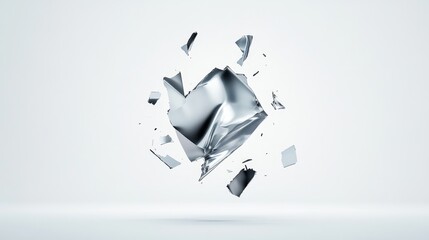 Silver Abstract Sculpture on White Background with Shattered Pieces