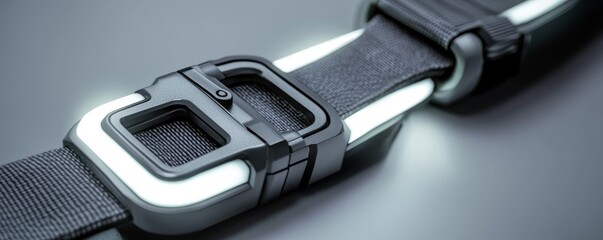 Obraz premium Close-up of a modern safety belt buckle with reflective features against a dark background.