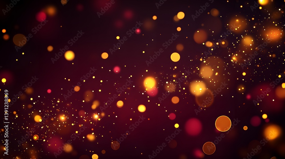 Poster beautiful glowing golden bokeh particles floating across a dark background