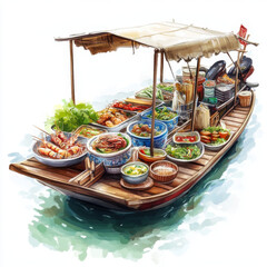 Obraz premium vibrant floating market scene featuring wooden boat filled with various Thai food items, showcasing colorful dishes and fresh