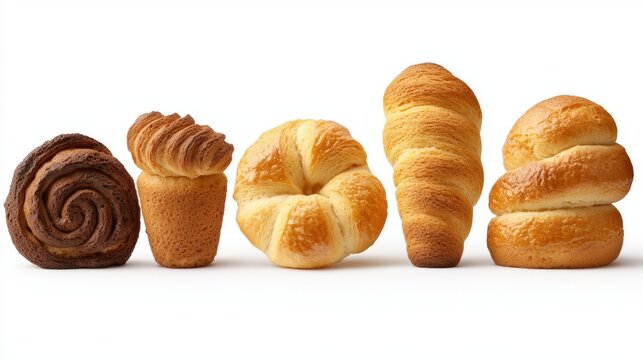 A delectable assortment of freshly baked pastries including croissants, bread rolls, and sweet buns are arranged on a white background.