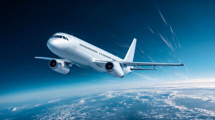 Obraz premium Futuristic white jet plane flying over the ocean clouds