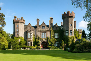 Fototapeta premium Stunning castle exterior surrounded by lush greenery, showcasing historical architecture and timeless beauty under a clear blue sky.