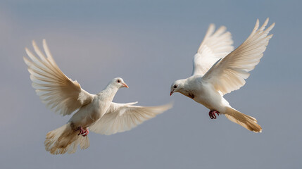 Obraz premium Two white doves in flight against a soft blue sky with wings spread gracefully in the air above